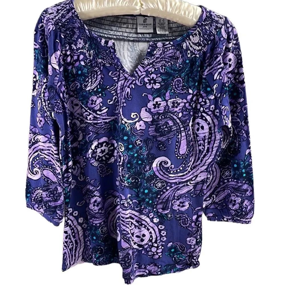 Caribbean Joe Ladies Paisley Blouse Top, Size Small, Purple,Teal